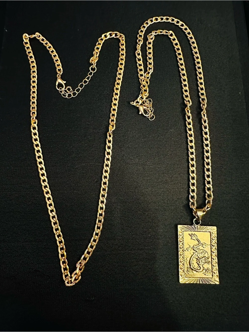Gold-Tone Rectangular Pendant Necklace with Engraved Dragon